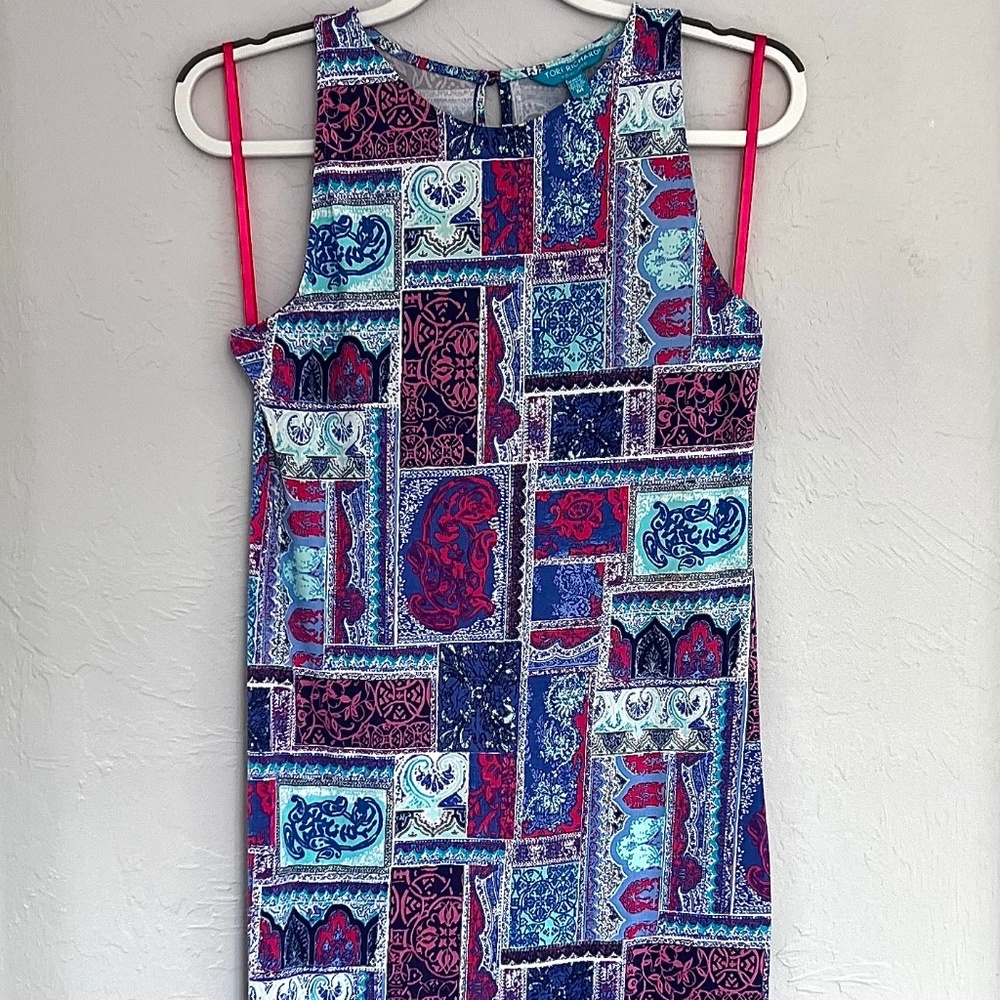 NWOT, Tori Richard Dress, Blue & Pink, Geometric Pattern, Medium